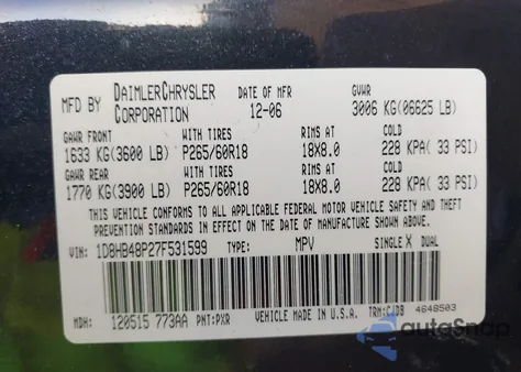 2007 Dodge Durango Slt z USA, uszkodzony, nr VIN 1D8HB48P27F531599
